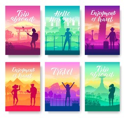 Tourists on the background of cities brochure cards set. Travel around the world template of flyear, magazines, poster, books, invitation banners. People on the background of attractions layout modern