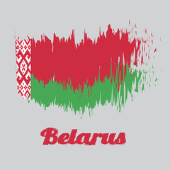 Brush style color flag of Belarus, a horizontal bicolor of red over green in a 2:1 ratio, with a red ornamental pattern on a white vertical stripe at the hoist. with name text Belarus.