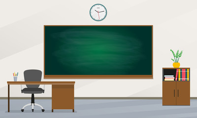 School classroom with chalkboard and teachers desk. Study class with blackboard. Vector illustration.