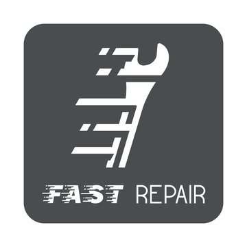 Icono plano FAST REPAIR con llave inglesa en cuadrado gris