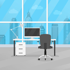 Office room interior with desk or table, chair and computer. Modern business workplace or workspace design. Vector illustration.