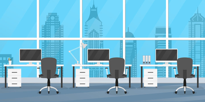 Office interior with furniture. Office desks, chairs and computers. Modern business workplace or workspace design. Vector illustration.