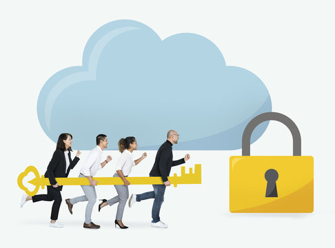 Business people holding a golden key