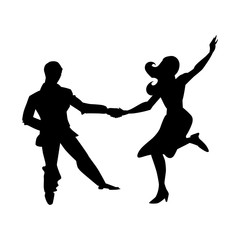 Silhouette of man and woman dancing a swing, lindy hop, social dances. The black and white image isolated on a white background. Vector illustration.
