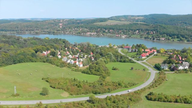 Drone aerial footage from a Hungarian landscape, near the small village Orfu