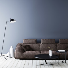 Modern vintage interior ,living room with empty wall for mockup, Brown leather sofa.