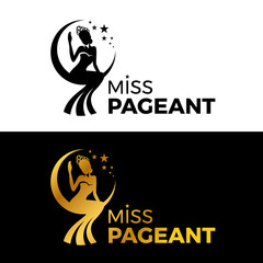 Miss lady pageant logo sign with Gold and black woman wear Crown sit on the moonn and star vector design