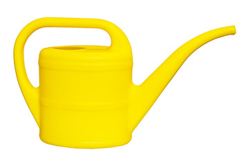 Yellow plastic watering can for watering plants isolated on white background close-up
 - obrazy, fototapety, plakaty