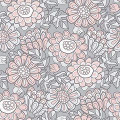 Hand drawn naive autumn flowers seamless pattern