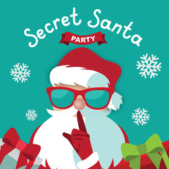 Secret Santa party template design on a blue background