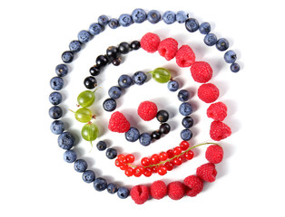 Delicious ripe berries on white background, top view