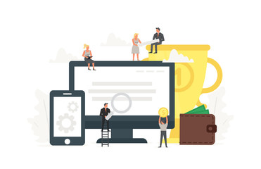 People are happy to big gold trophy, laptop and phone. Concept of earnings in internet network, online finance, electronic wallet, freelance work, financial success.