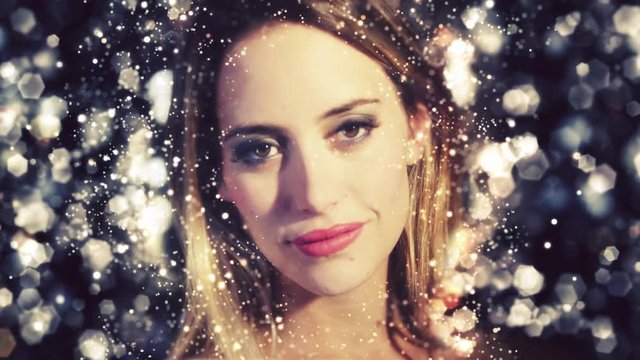 cinemagraph, living photo of beautiful model posing in a disco setting shimmer and sparkle effects