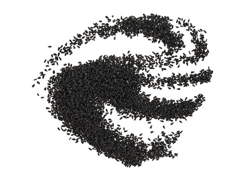 Pile of black cumin seeds isolated on white background, top view.