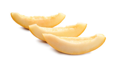 Slices of ripe melon on white background