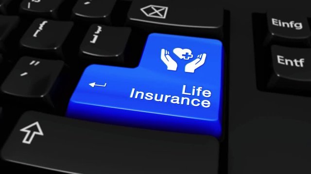 204. Life Insurance Round Motion On Blue Enter Button On Modern Computer Keyboard with Text and icon Labeled. Selected Focus Key is Pressing Animation. Insurance Services Concept.