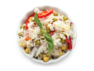 Bowl with tasty boiled rice and vegetables on white background