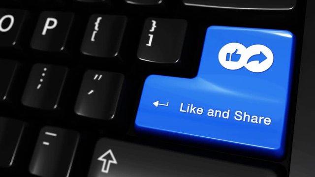 205. Like and Share Moving Motion On Blue Enter Button On Modern Computer Keyboard with Text and icon Labeled. Selected Focus Key is Pressing Animation. Social Media Concept