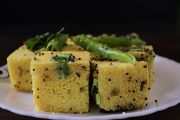 Close-up of khaman dhokla/Gujarati snack