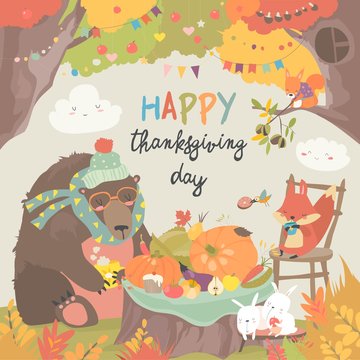 Cute animals celebrating Thanksgiving day in the forest