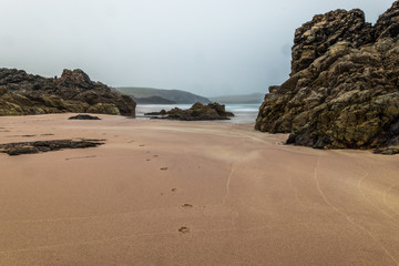 Sango Sands, Durness Beach, Scotland with dog footsteps in the sand