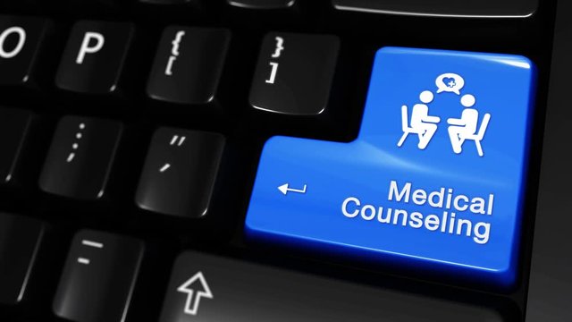 208. Medical Counseling Moving Motion On Blue Enter Button On Modern Computer Keyboard with Text and icon Labeled. Selected Focus Key is Pressing Animation. Medical Science Concept