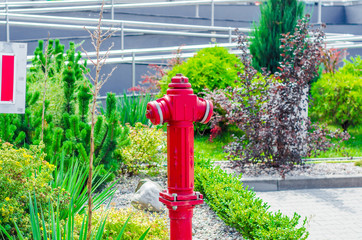 Fire crane red on the green lawn, grass, bushes, security in the city