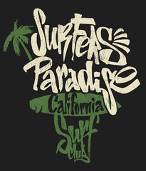 Surf paradise lettering, t-shirt graphics, vector illustration