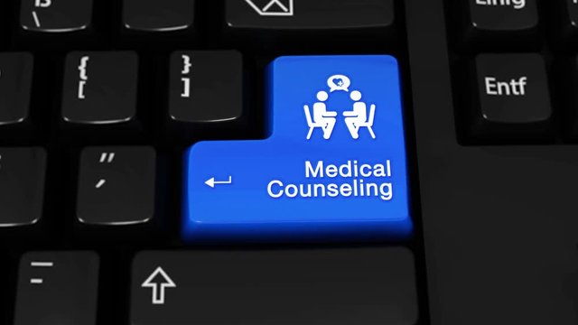 209. Medical Counseling Rotation Motion On Blue Enter Button On Modern Computer Keyboard with Text and icon Labeled. Selected Focus Key is Pressing Animation. Medical Science Concept