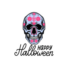 Happy Halloween, hand lettering. Vector illustration of skull in engraved style. Design concept for greeting card,poster