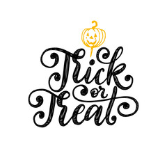 Trick Or Treat, hand lettering for Halloween. Vector drawn illustration of pumpkin. Design for greeting card, poster.