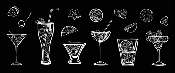 Outline sketch hand drawn illustration with different cocktails and fruits on blackboard background