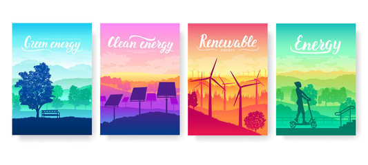 Tomorrow s clean energy equipment on nature landscape. Eco electricity design for poster, magazine, brochure, booklet. Ecological technology flyer background concept