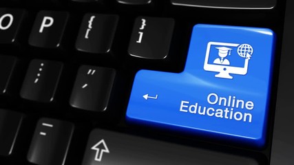 214. Online Education Moving Motion On Blue Enter Button On Modern Computer Keyboard with Text and icon Labeled. Selected Focus Key is Pressing Animation. Online Learning Concept