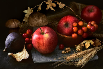 Autumn still life in low key with pink apples and Fall decorations on dark background
