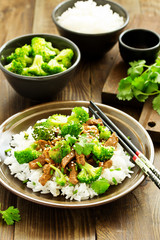 Beef with broccoli and rice. Asian cuisine.