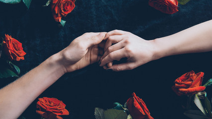 cropped shot of couple holding hands above black fabric with red roses