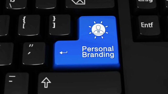 217. Personal Branding Moving Motion On Blue Enter Button On Modern Computer Keyboard with Text and icon Labeled. Selected Focus Key is Pressing Animation. Branding Concept