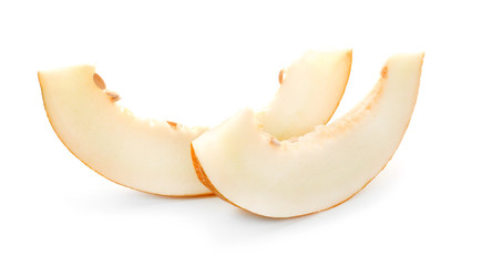 Slices of ripe melon on white background