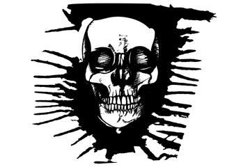 Black and white hand drawn illustration of criminal human skull.