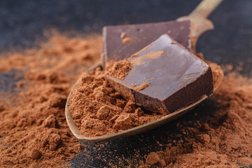Cocoa powder and chocolate in spoon on slate