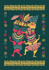 Vintage Aloha Tiki illustration, Tropical Tiki party, Hawaii party time, Tiki bar, Aloha hawaii floral t-shirt print