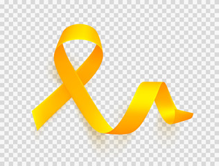 Realistic gold ribbon. World childhood cancer awareness symbol, vector illustration.