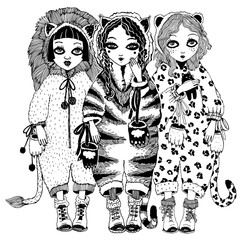 Girls wild cat costums of tiger, leopard, lion.