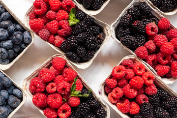 Boxes of raspberries, blueberries and blackberries at the marketplace