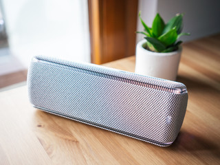 Wireless loudspeaker lying on a table next to a cactus in a white pot