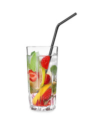 Glass of fresh strawberry lemonade on white background