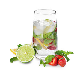 Glass of fresh strawberry lemonade on white background