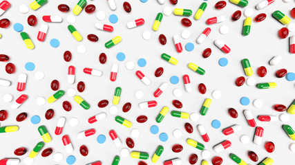 3D rendered scattered pills and painkillers