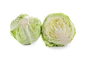 Fototapeta premium Whole and cut cabbages on white background